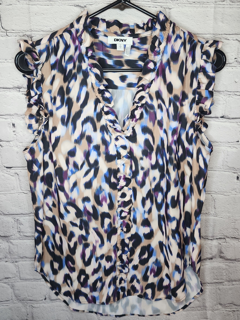 DKNY Beige Leopard-Print Ruffle Sleeveless Blouse with Blue & Purple Accents